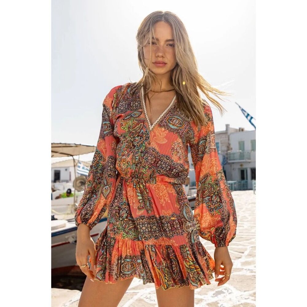 LULI FAMA Seashell Jewel Deep V Frill Mini Dress in Multi